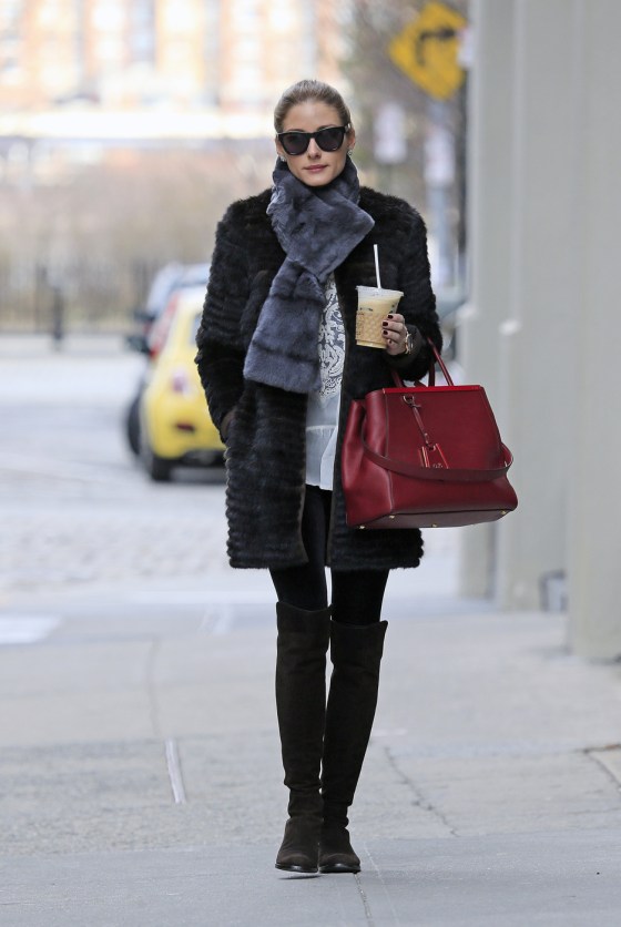 Olivia Palermo goes on an early morning coffee run,  carrying her OP designer bag, in Brooklyn